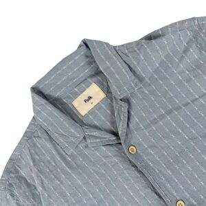 Folk Shirt Mens M Blue White Woven Stripe Linen Short Sleeve Button Down‎ Casual